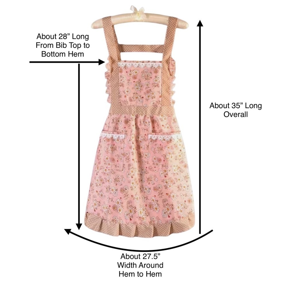 Apron Retro Bib Style Adjustable Waist Tie Floral Polka Dot Womens Pink Tan OS - Picture 7 of 16